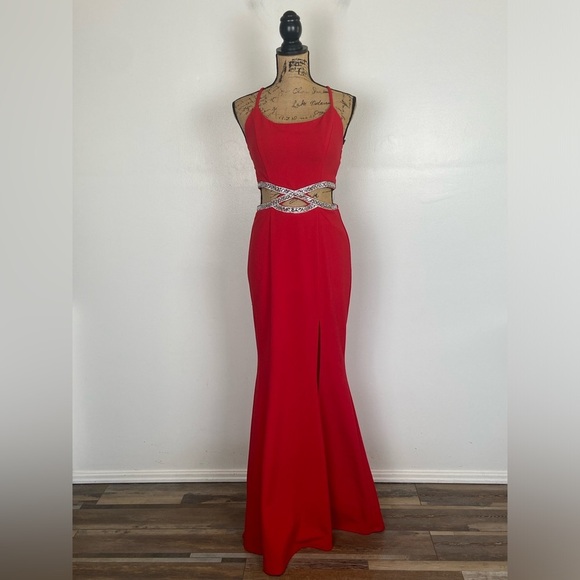 Nordstrom Speechless Formal Evening Dress Size 7 Color Red Sexy Jewel Stretch - Picture 3 of 16